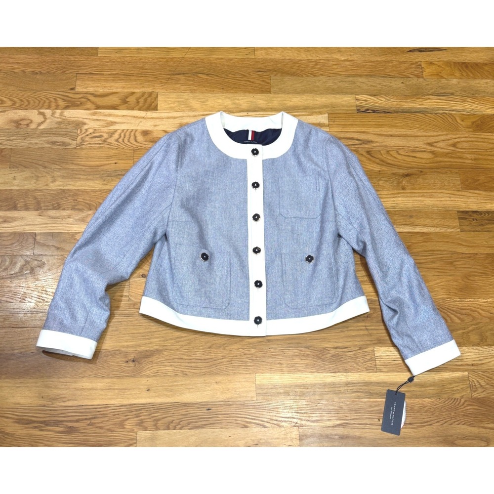 Tommy Hilfiger Womens Blue White Contrast Trim Cropped Jacket Blazer Size 12 NWT